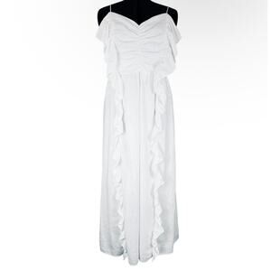 Pure White Boho Fairy Linen Blend Maxi Dress XL Cascade Ruffle Strappy Smocked